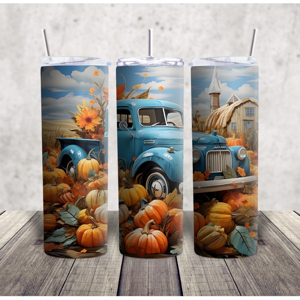Hand Crafted Blue and Orange Harvest Tumbler vintage truck pumpkins